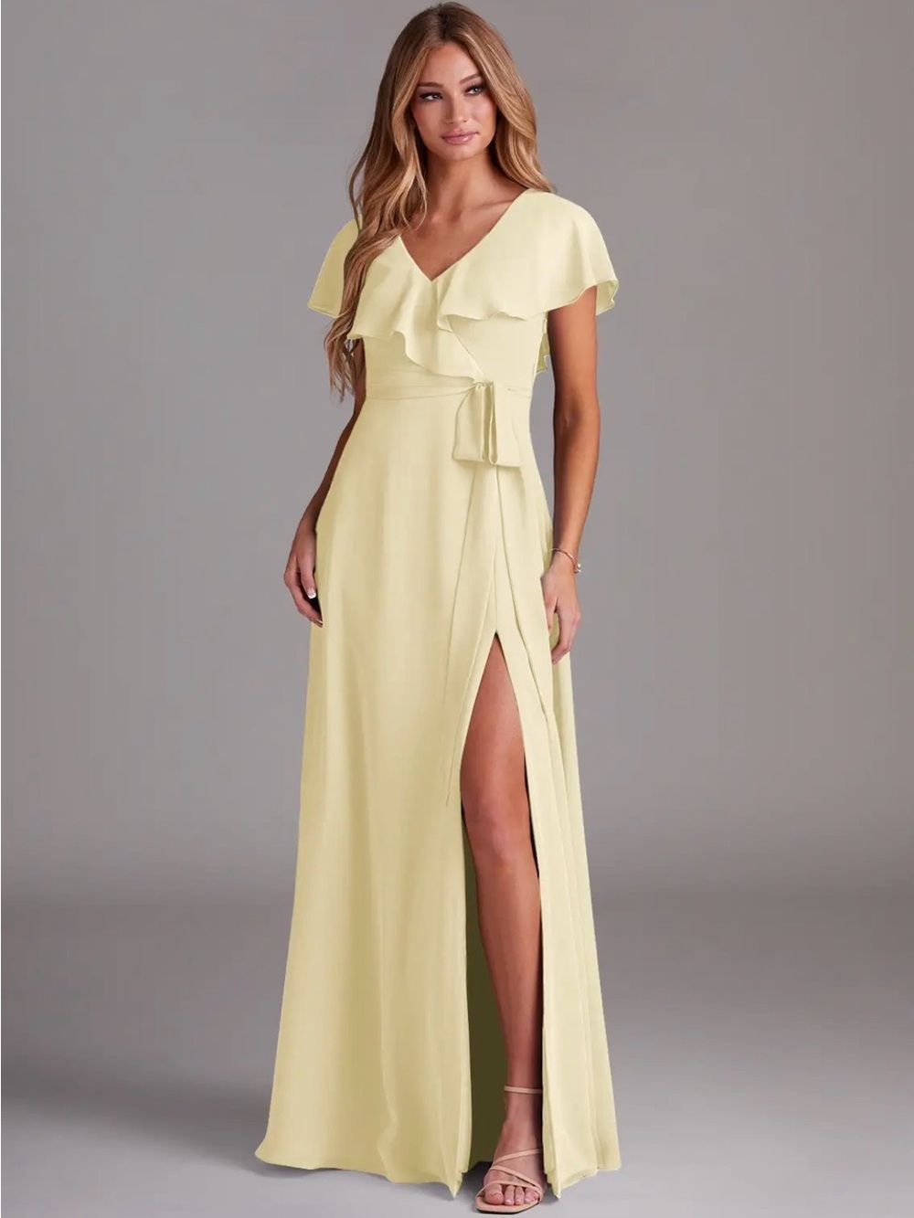 Women's Pale Yellow Ruffle Wrap Maxi Dress. Azazie Lainey